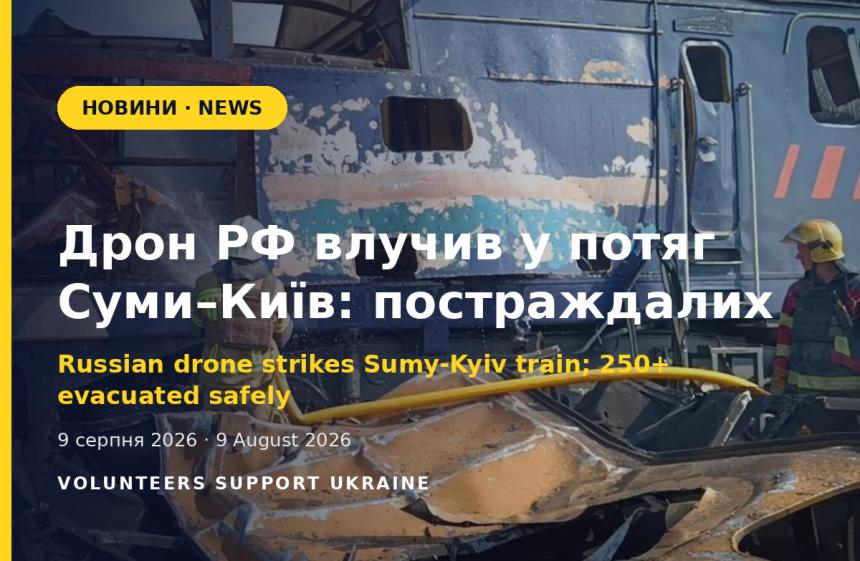 Дрон РФ влучив у потяг Суми–Київ: понад 250 пасажирів евакуювали, постраждалих немає