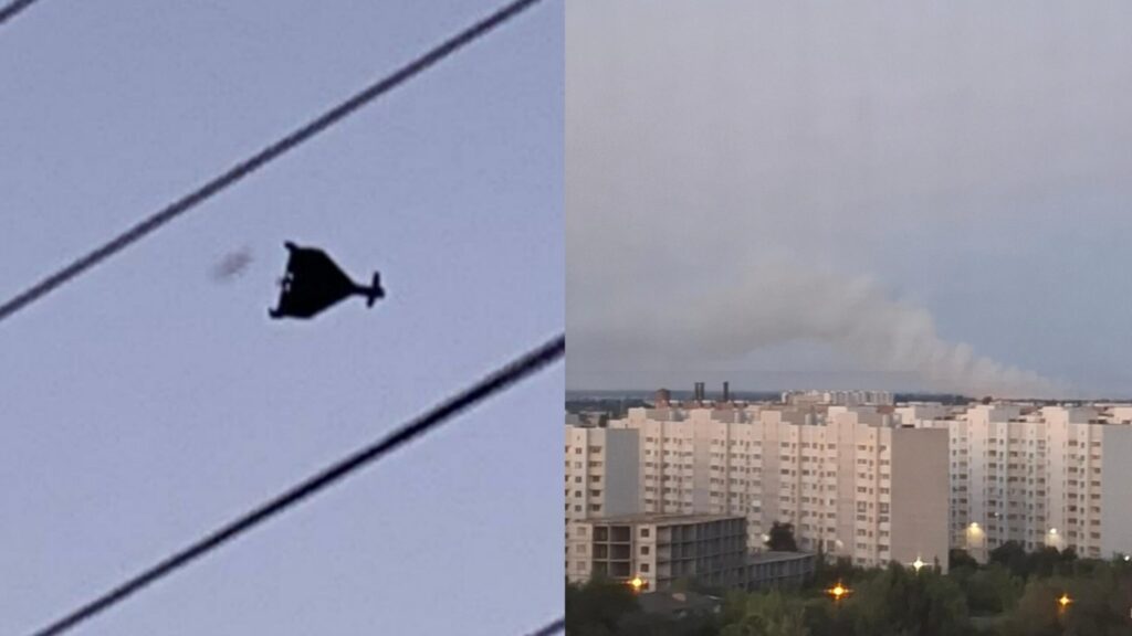 Силует шахедоподібного дрона в польоті та стовп диму над Саратовською областю після удару по аеродрому Енгельс