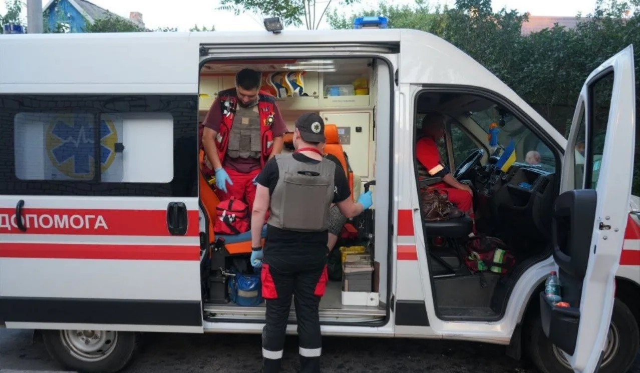 Paramedics prepare emergency care inside an ambulance in Zaporizhzhia
