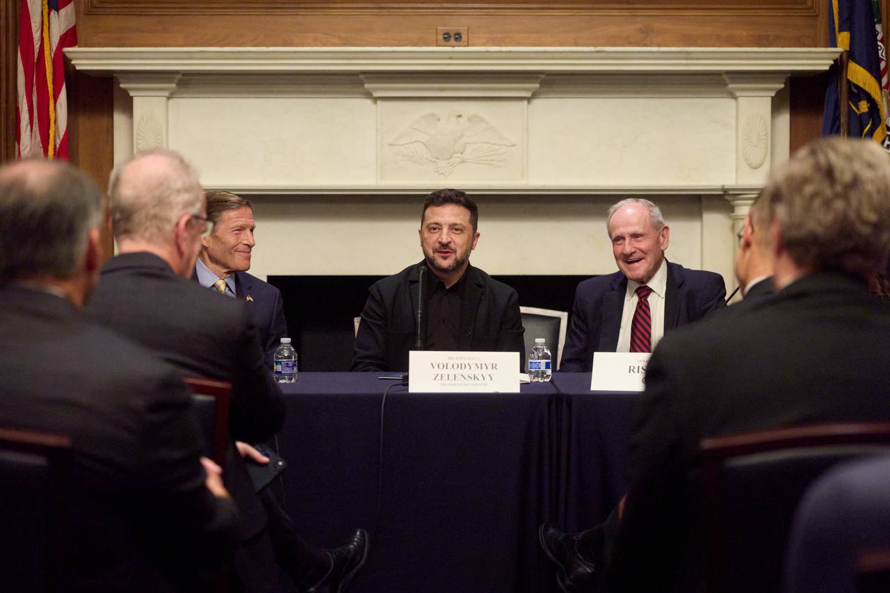 President Zelensky seated with senators including Blumenthal and Risch in the Mansfield Room at the Capitol, July 28, 2026