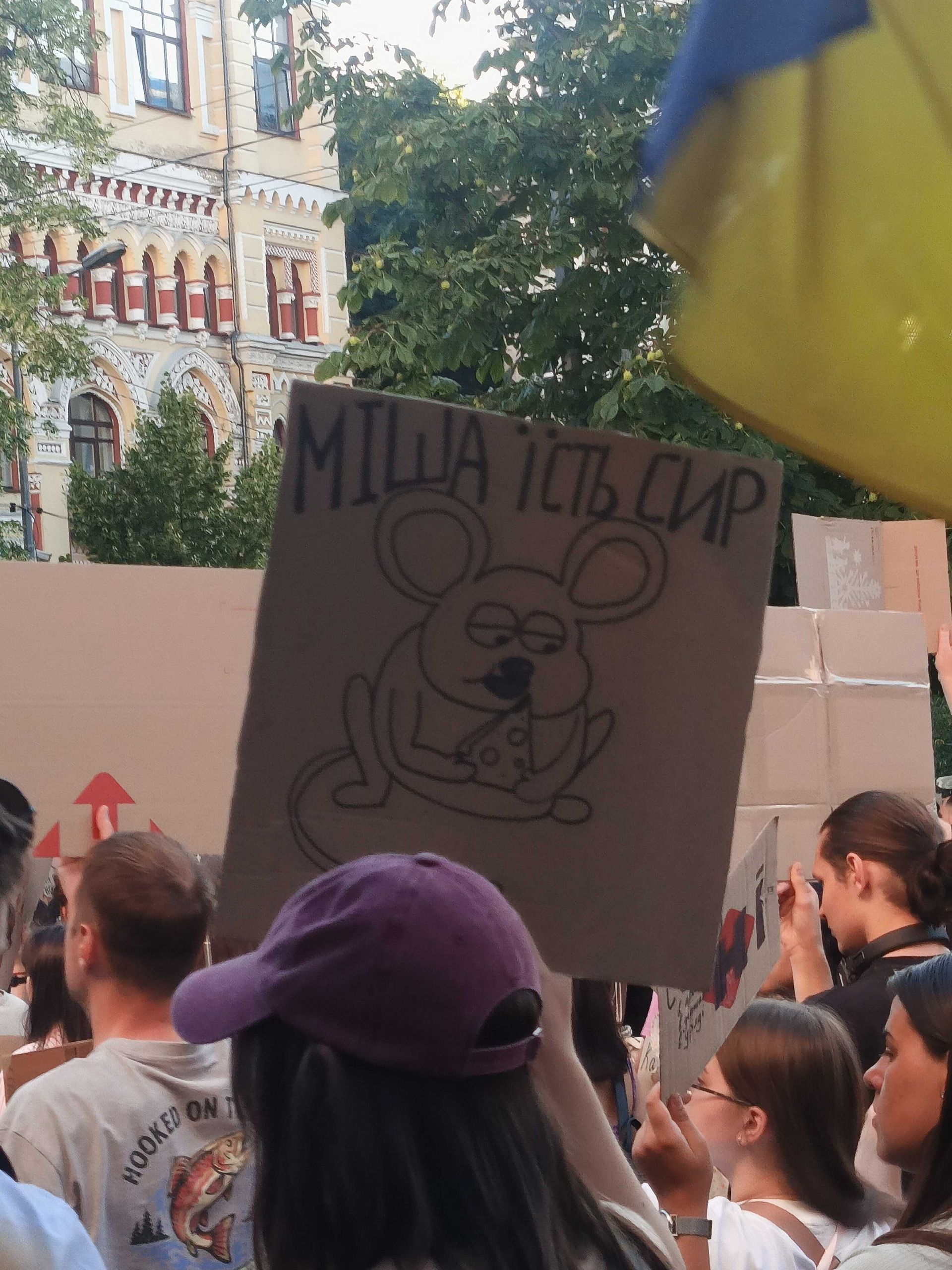 Протестувальники з українським прапором і саморобним плакатом у Києві
