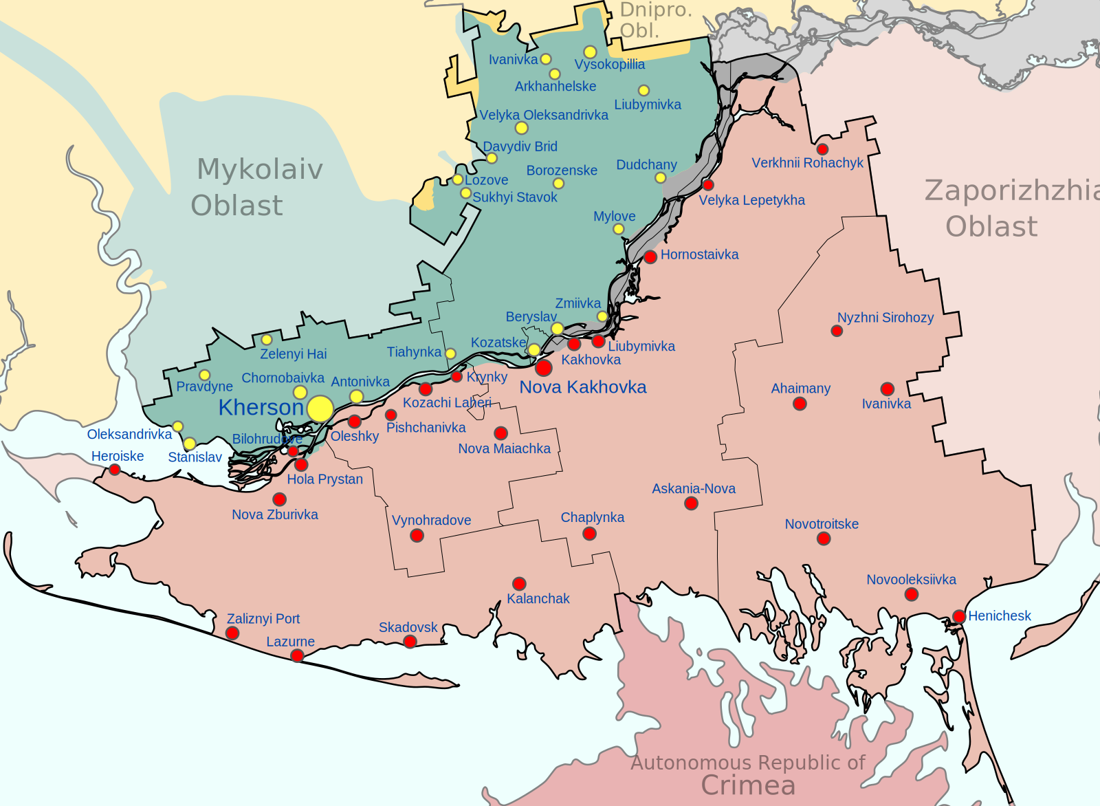 Map of the temporarily occupied Kherson Oblast, adjacent to the Crimean direction