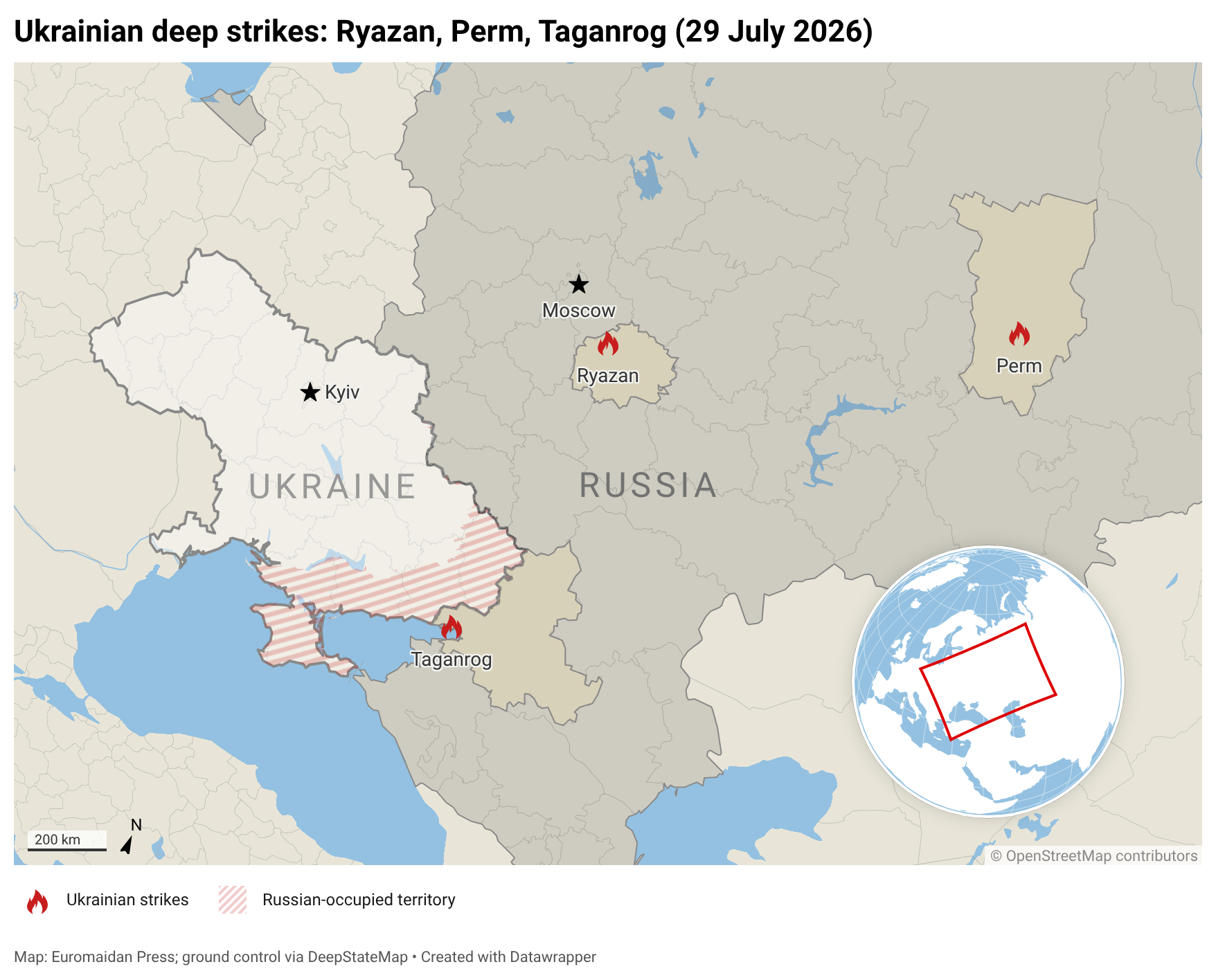 Map showing the locations of Ukraine's July 29, 2026 long-range strikes: Ryazan, Perm, and Taganrog