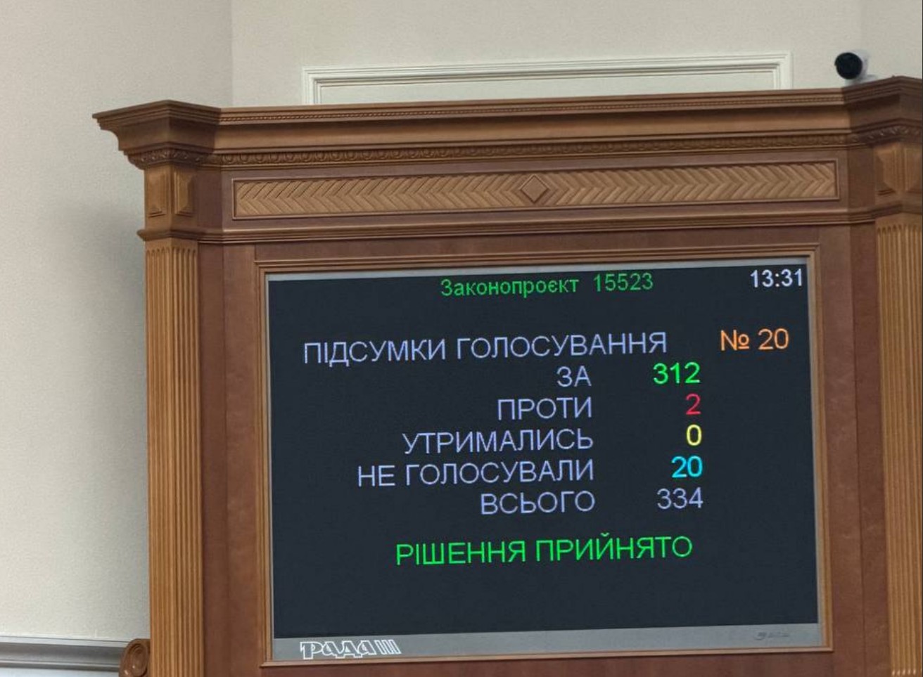 The Verkhovna Rada display board showing the result of the vote on the defence minister