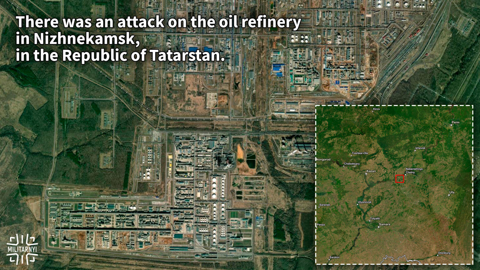 A satellite view of the Nizhnekamsk industrial zone showing the location of the oil refinery