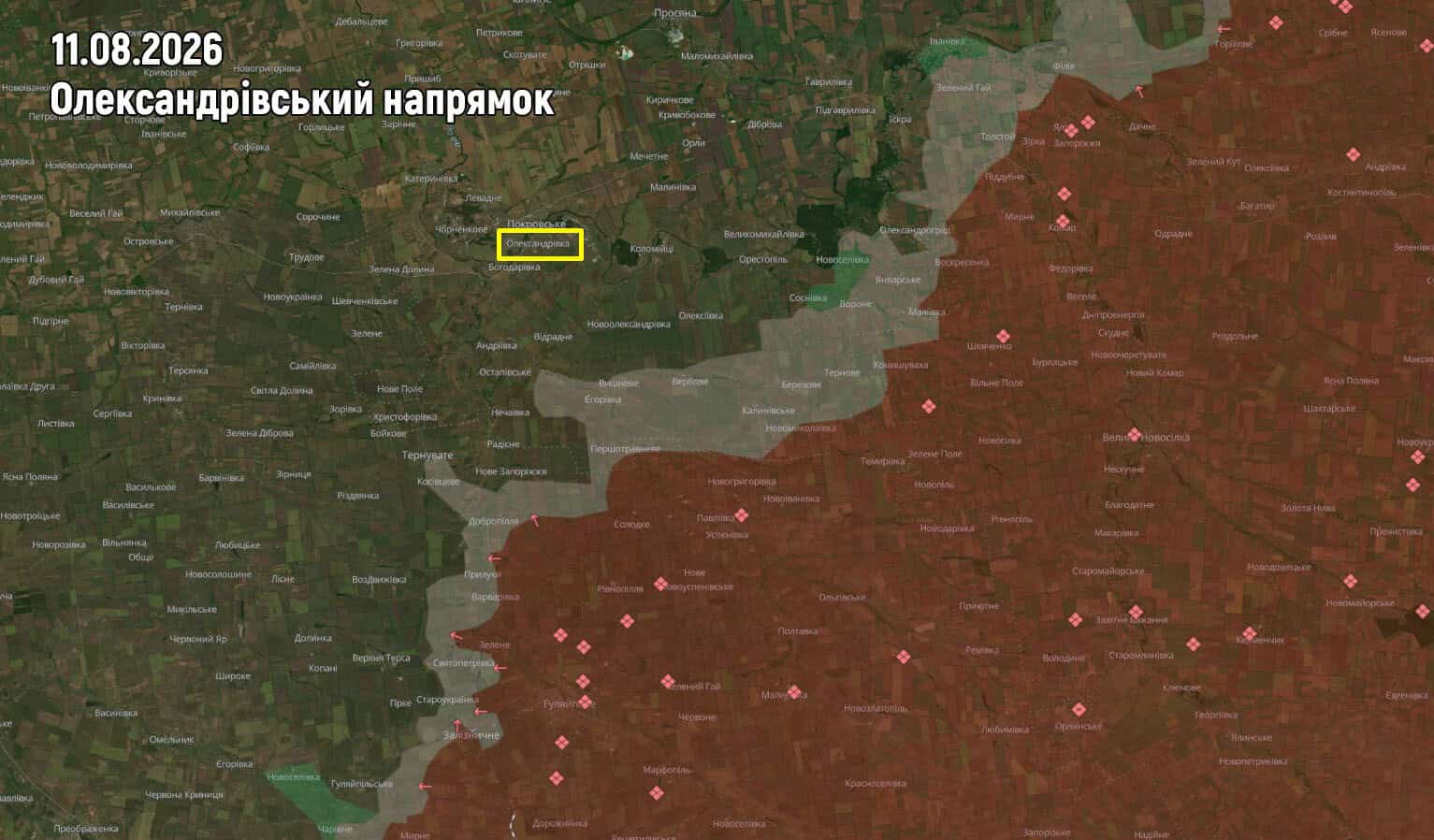 Front-line map of the Oleksandrivka direction dated August 11, 2026, showing territory recovered by Ukrainian forces