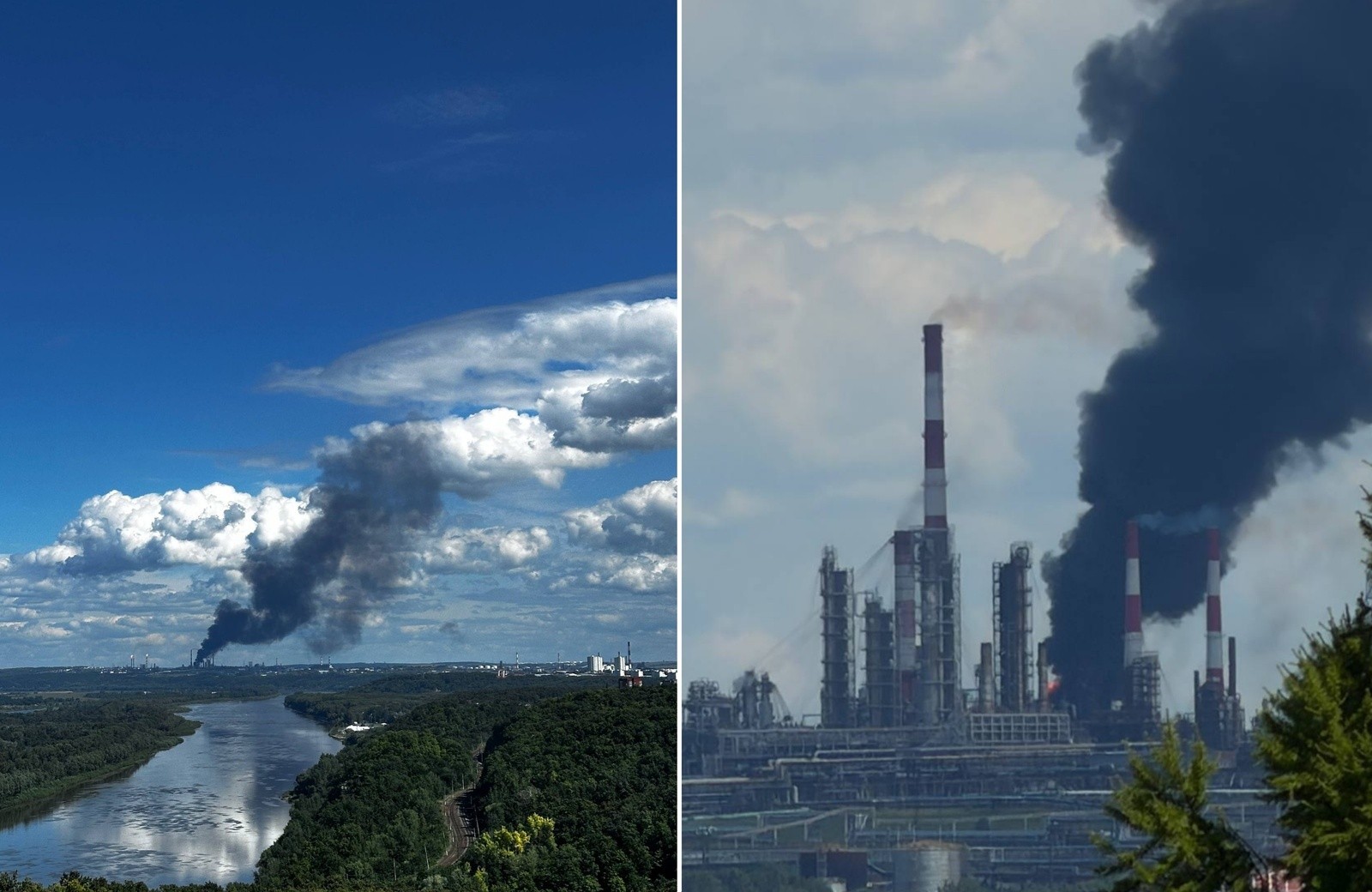Пожежа на нафтопереробному заводі: густий чорний дим над промисловими вежами