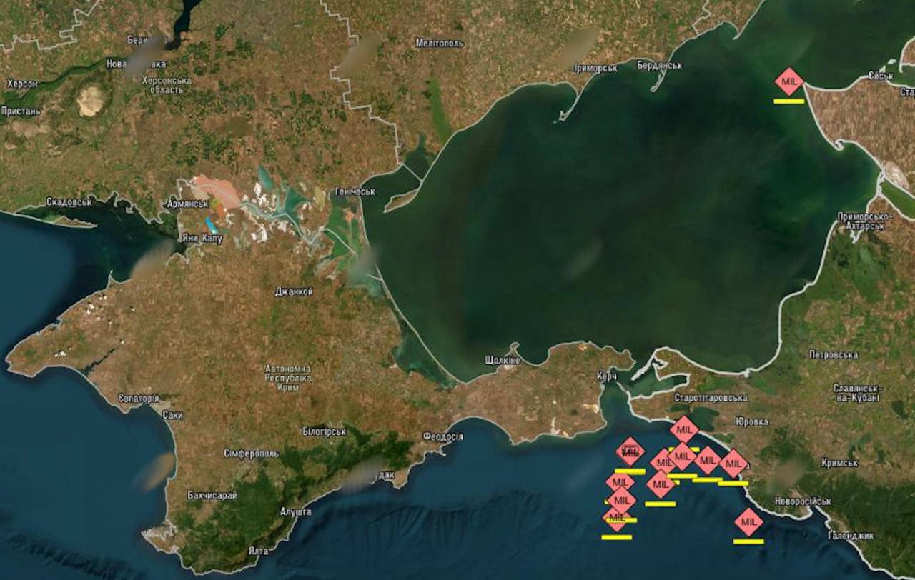 Мапа нічних уражень суден тіньового флоту рф у Чорному та Азовському морях — ілюстрація регулярної кампанії СБС проти тіньового флоту