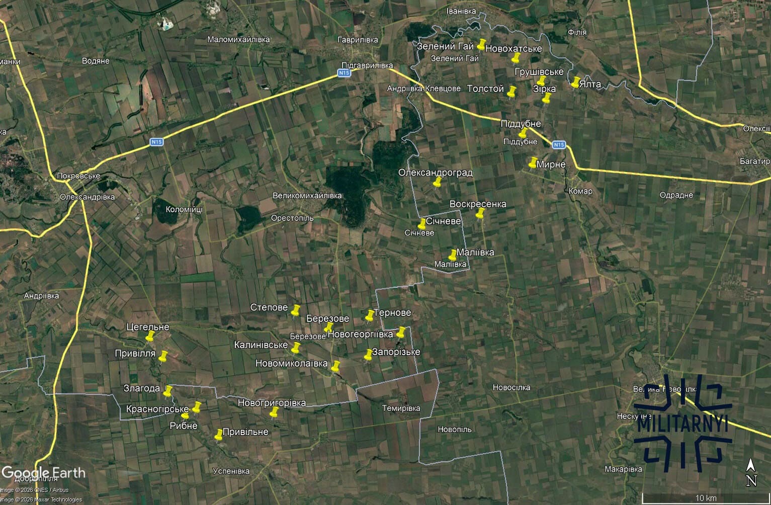 Map showing the villages liberated during the Oleksandrivka direction offensive across Dnipropetrovsk, Donetsk, and Zaporizhzhia oblasts