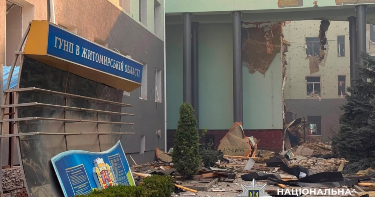 The damaged building of the National Police headquarters in Zhytomyr region