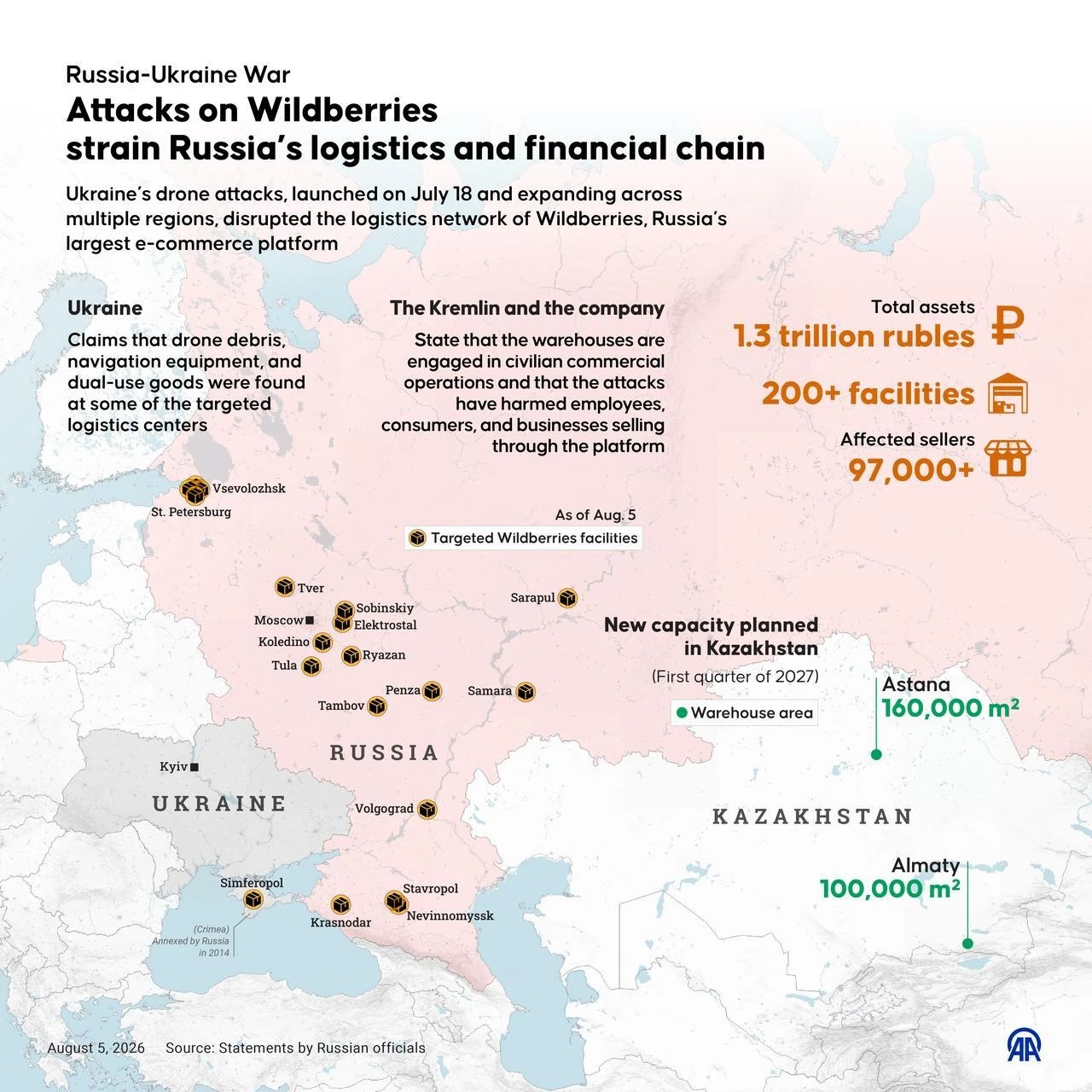 Карта логістичних об'єктів Wildberries по всій Росії, які стали цілями української дронової кампанії