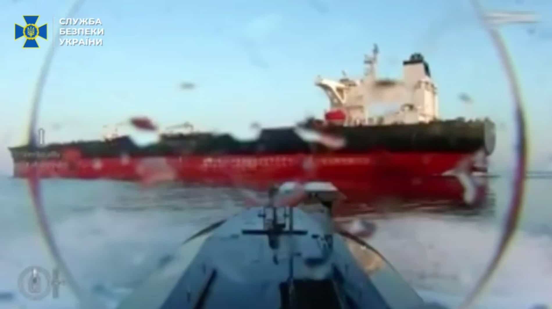 A Ukrainian naval strike drone closes in on a sanctioned tanker
