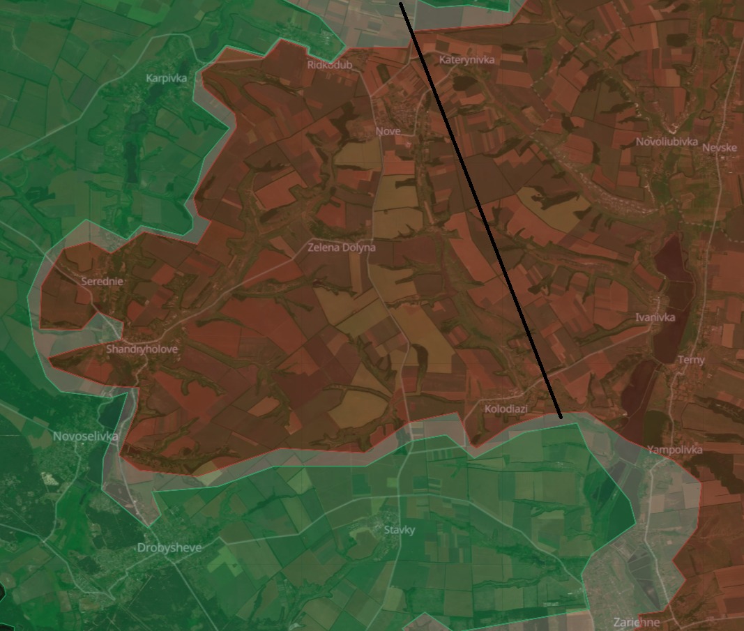 Open-source control-of-terrain map of the area north of Lyman, showing the villages inside the former Russian salient