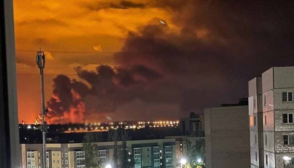 Smoke rising over the Yaroslavl oil refinery in daylight after the drone strike