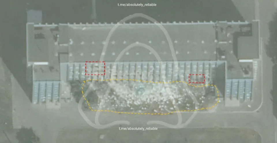 Aftermath of the strike on foundry workshop No. 008 at the Azov Optical-Mechanical Plant (satellite image)