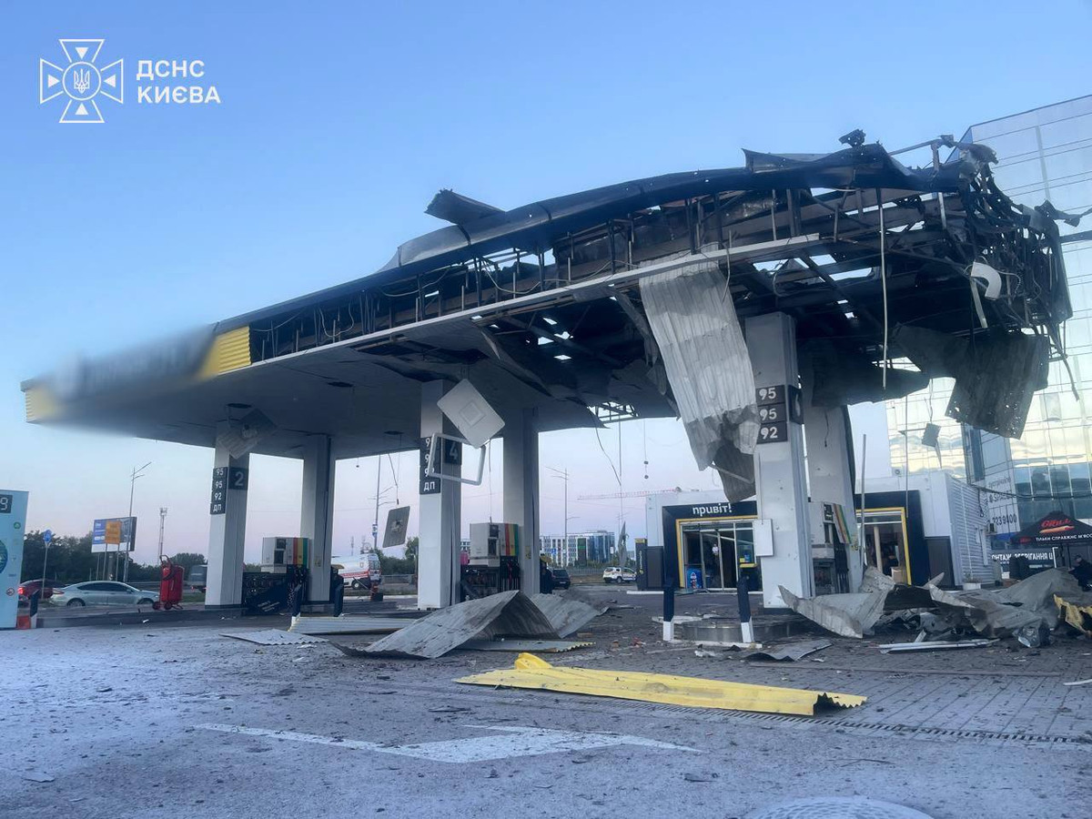 The collapsed roof of a gas station after a drone strike in Kyiv