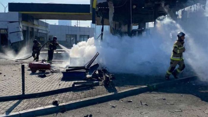 Firefighters battle a blaze at a gas station in Rivne district after a drone strike