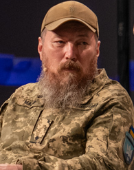 Commander of Ukraine's Unmanned Systems Forces Robert "Magyar" Brovdi during a discussion on Ukrainian forces' adaptation in modern warfare