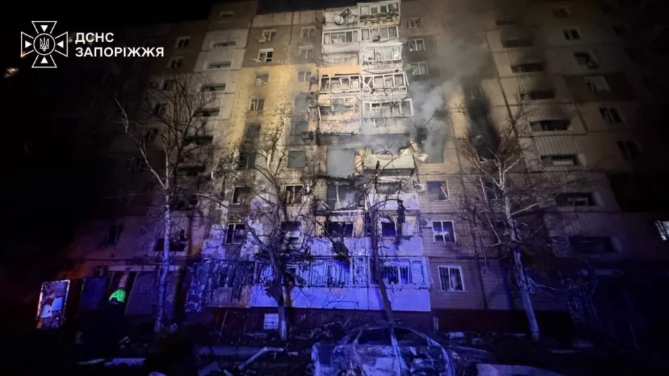 A damaged high-rise residential building in Zaporizhzhia following the overnight drone attack