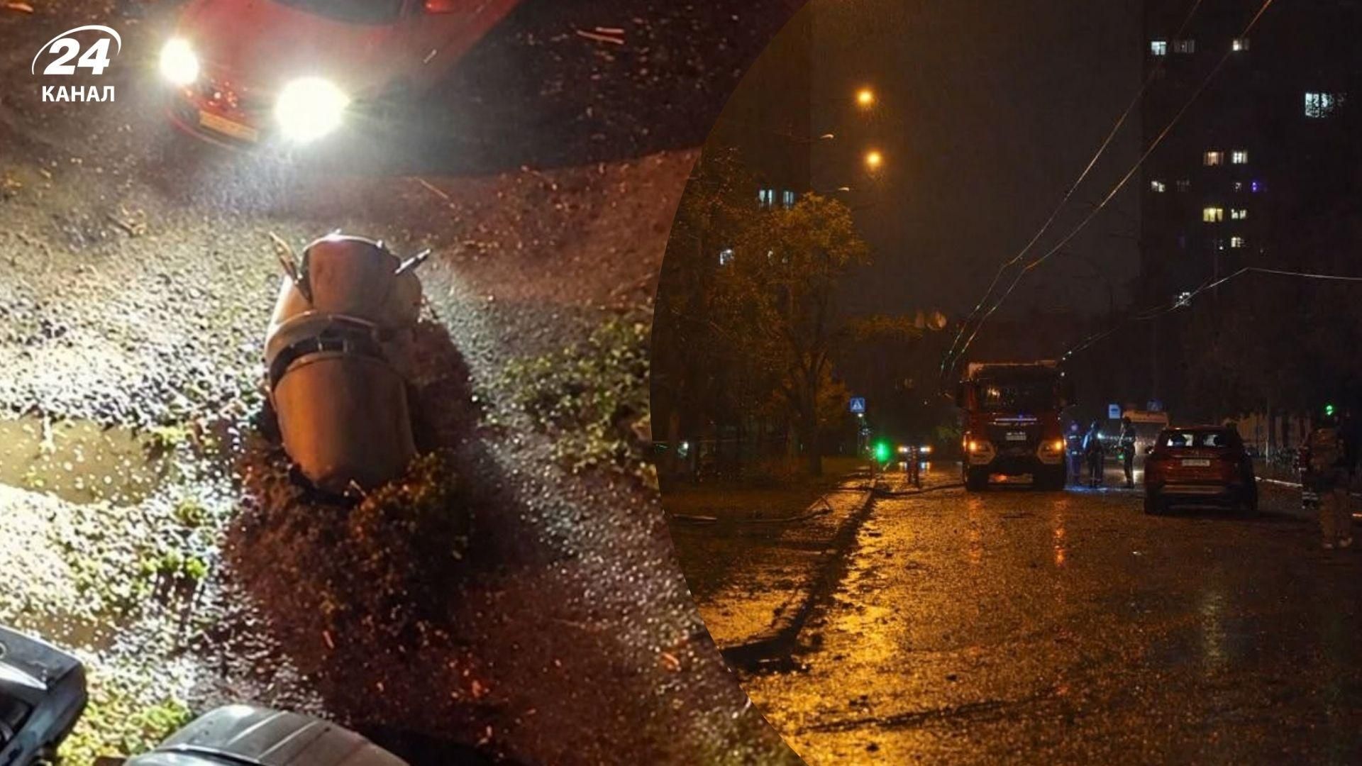Aftermath of the overnight missile attack on Kyiv: debris in the street and emergency crews at work