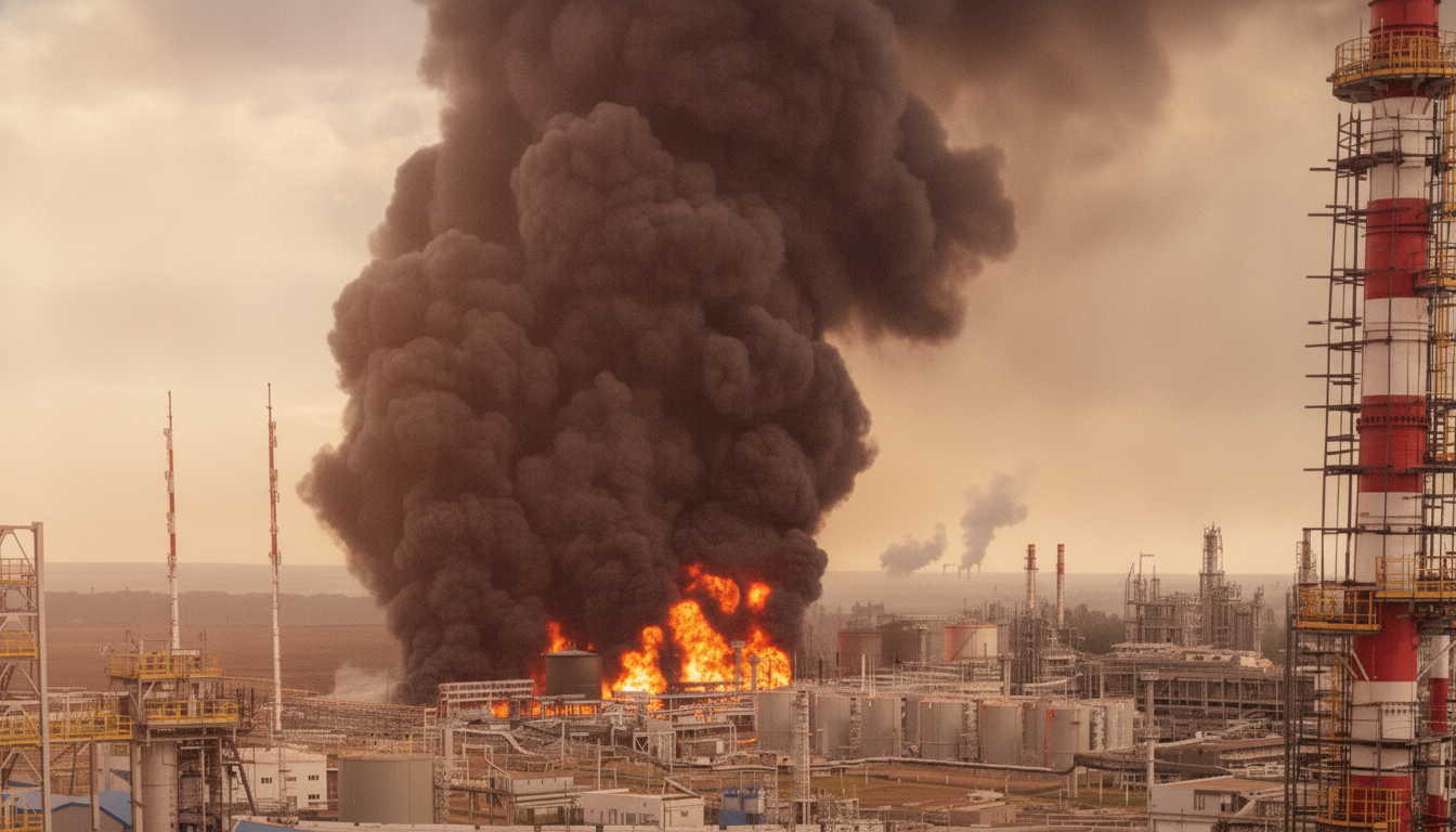Illustrative photo: a large fire at an oil refining facility