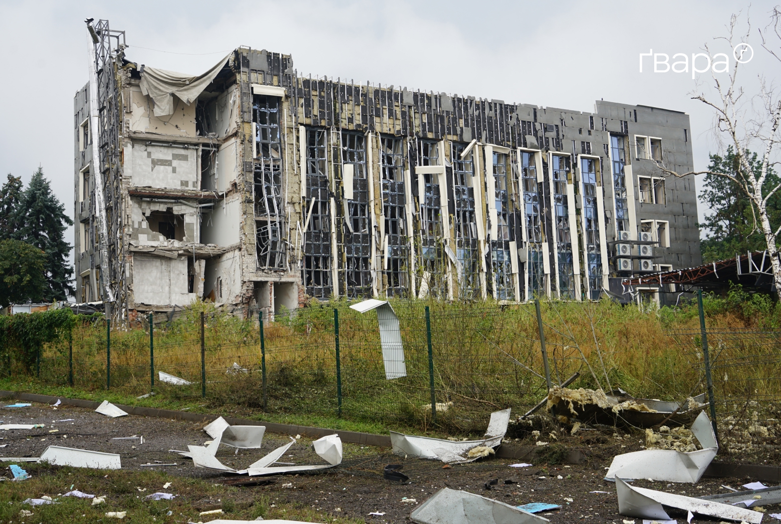 A damaged administrative building in Izyum after a series of guided-bomb strikes