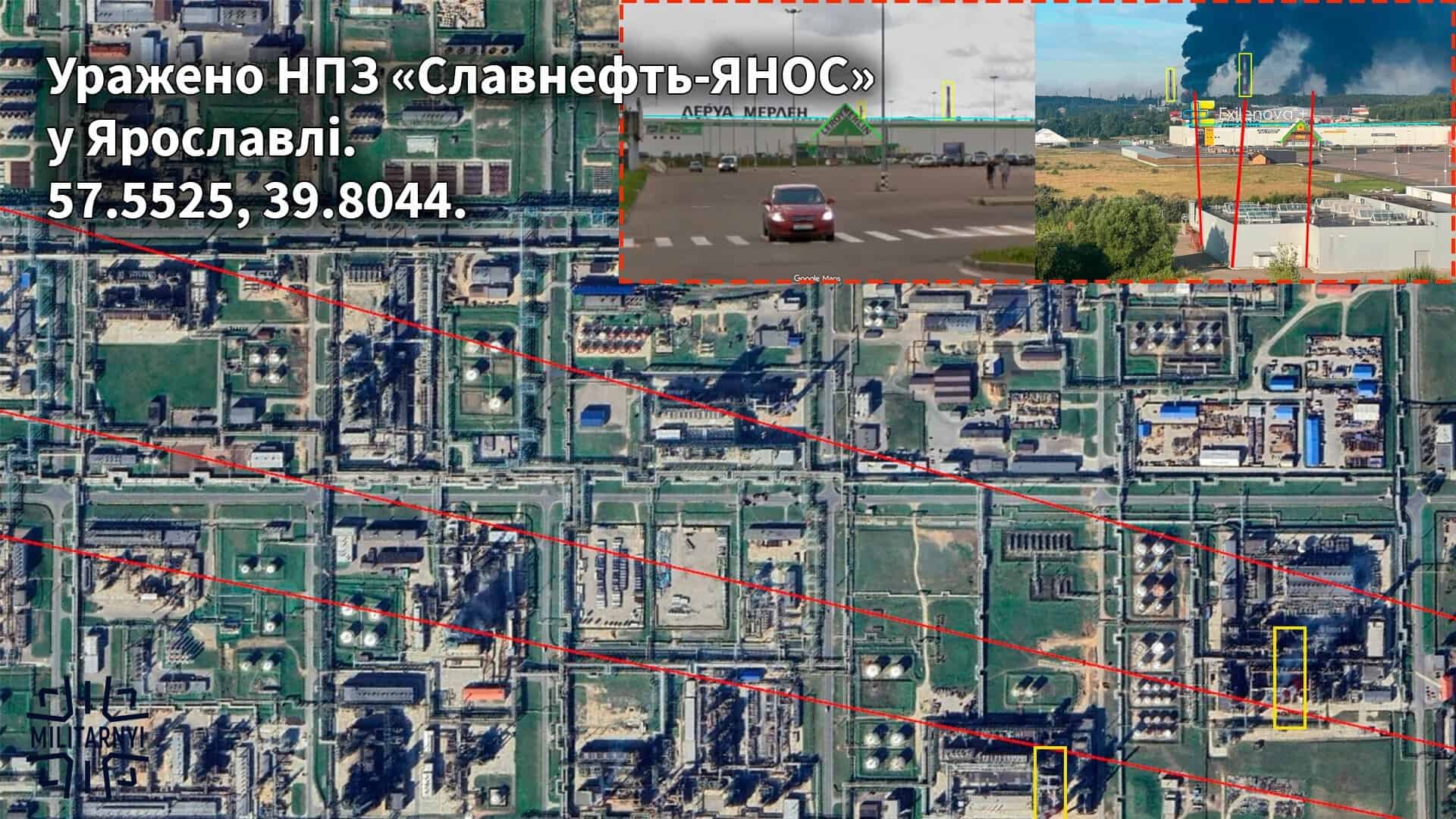 Satellite geolocation of the struck Slavneft-YANOS oil refinery