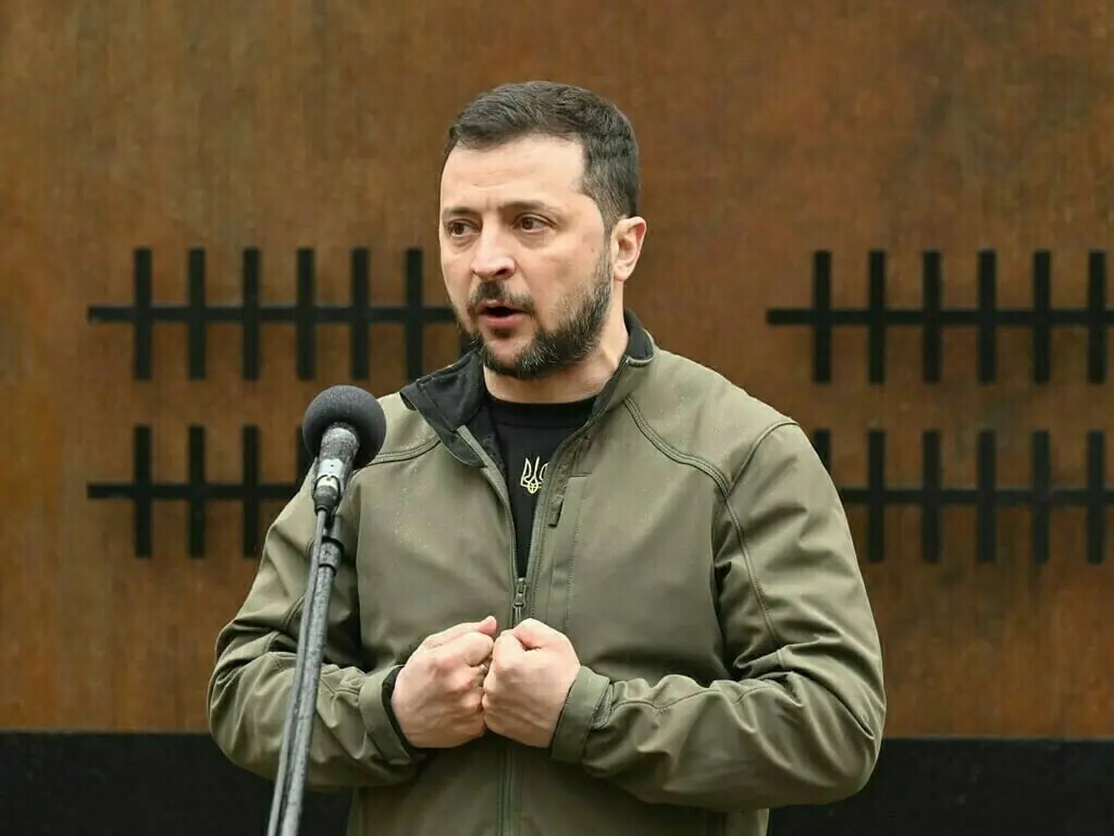 President Volodymyr Zelensky speaking at a press appearance