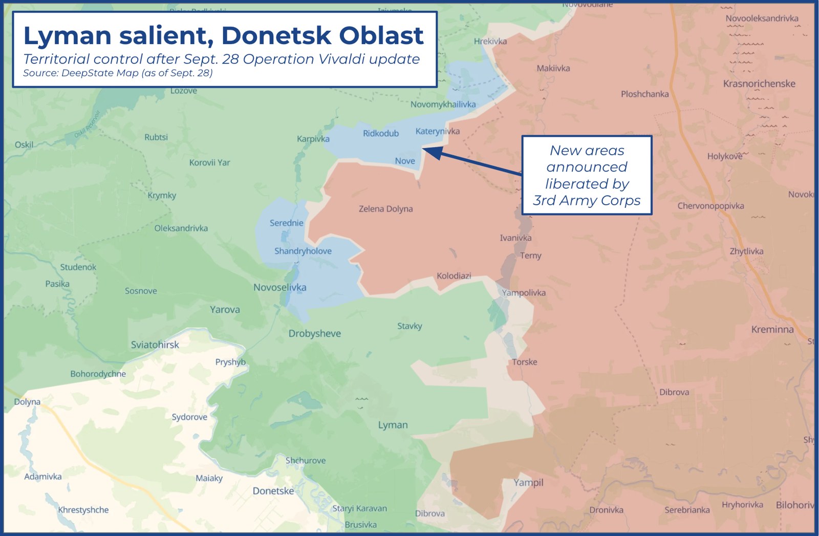 Map of the Lyman salient in Donetsk Oblast after the 28 September Operation Vivaldi update