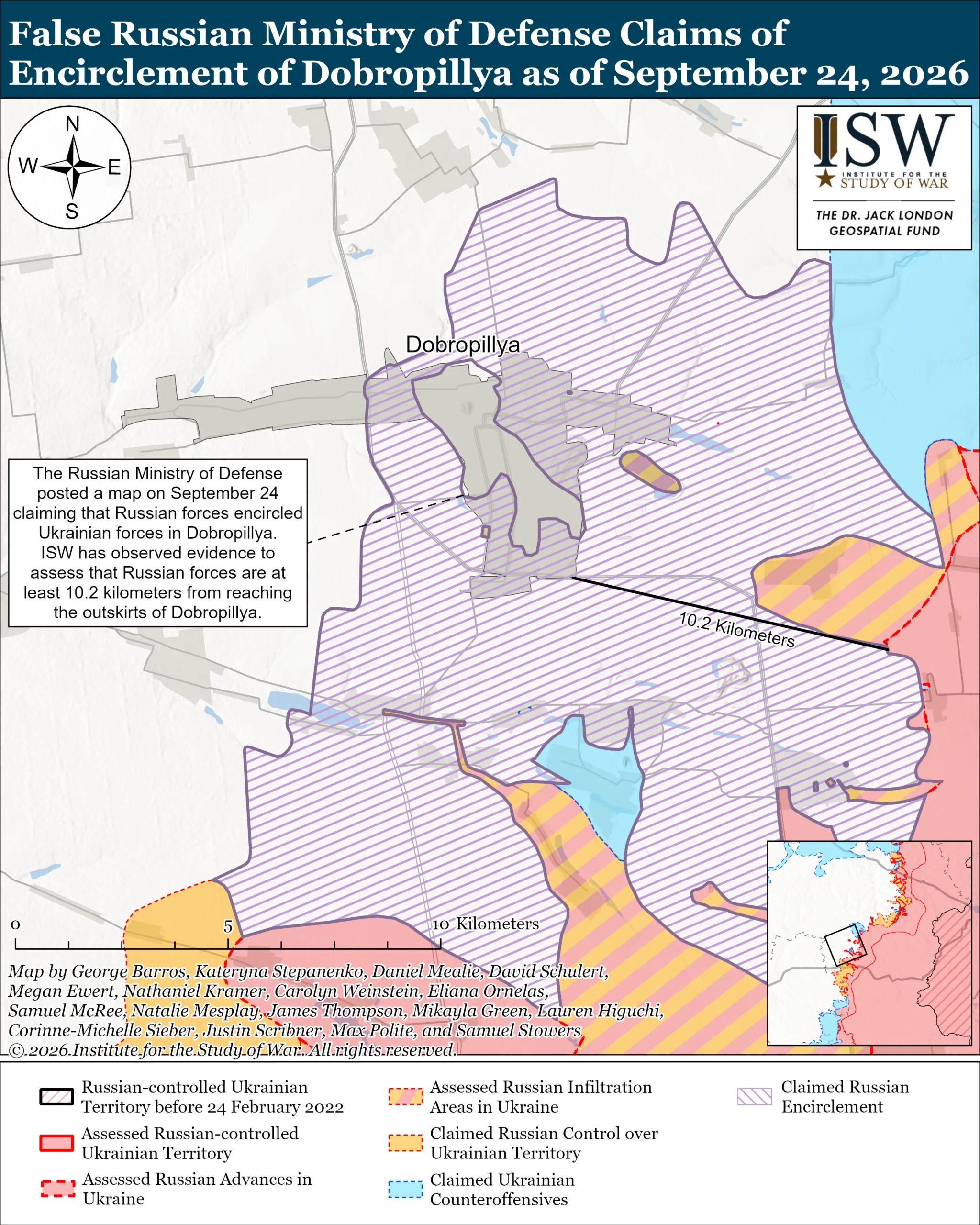 ISW map: Russia's claimed encirclement of Dobropillia versus the real front line