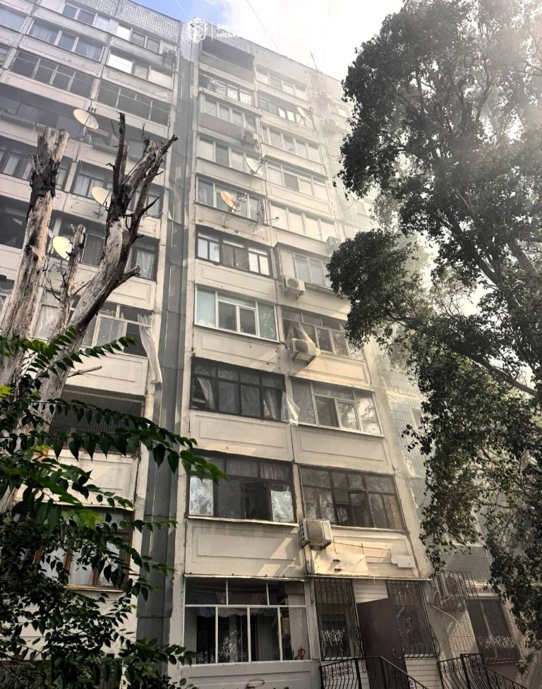 An apartment building damaged by shelling in Zaporizhzhia