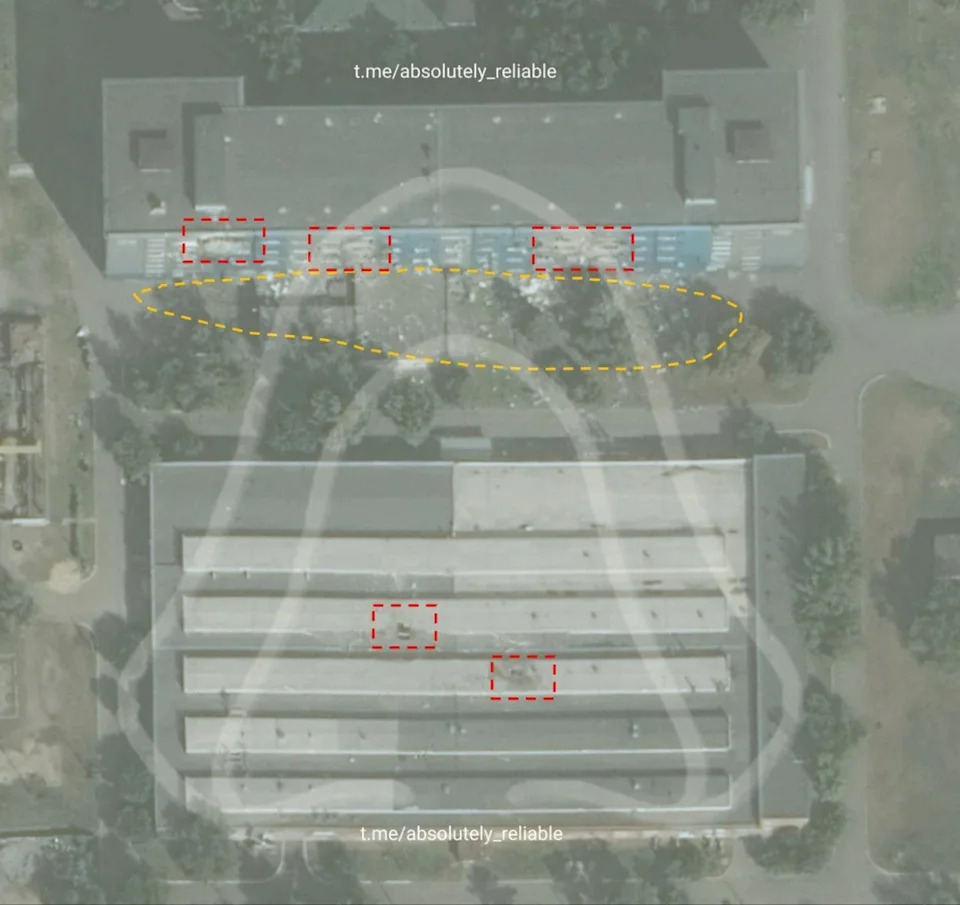 Aftermath of the strike on the assembly and electroplating workshops at the Azov Optical-Mechanical Plant (satellite image)
