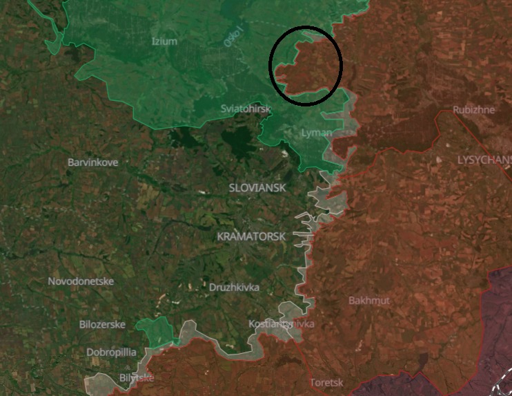 Regional map showing Lyman's position relative to the Sloviansk-Kramatorsk-Dobropillia "fortress belt"