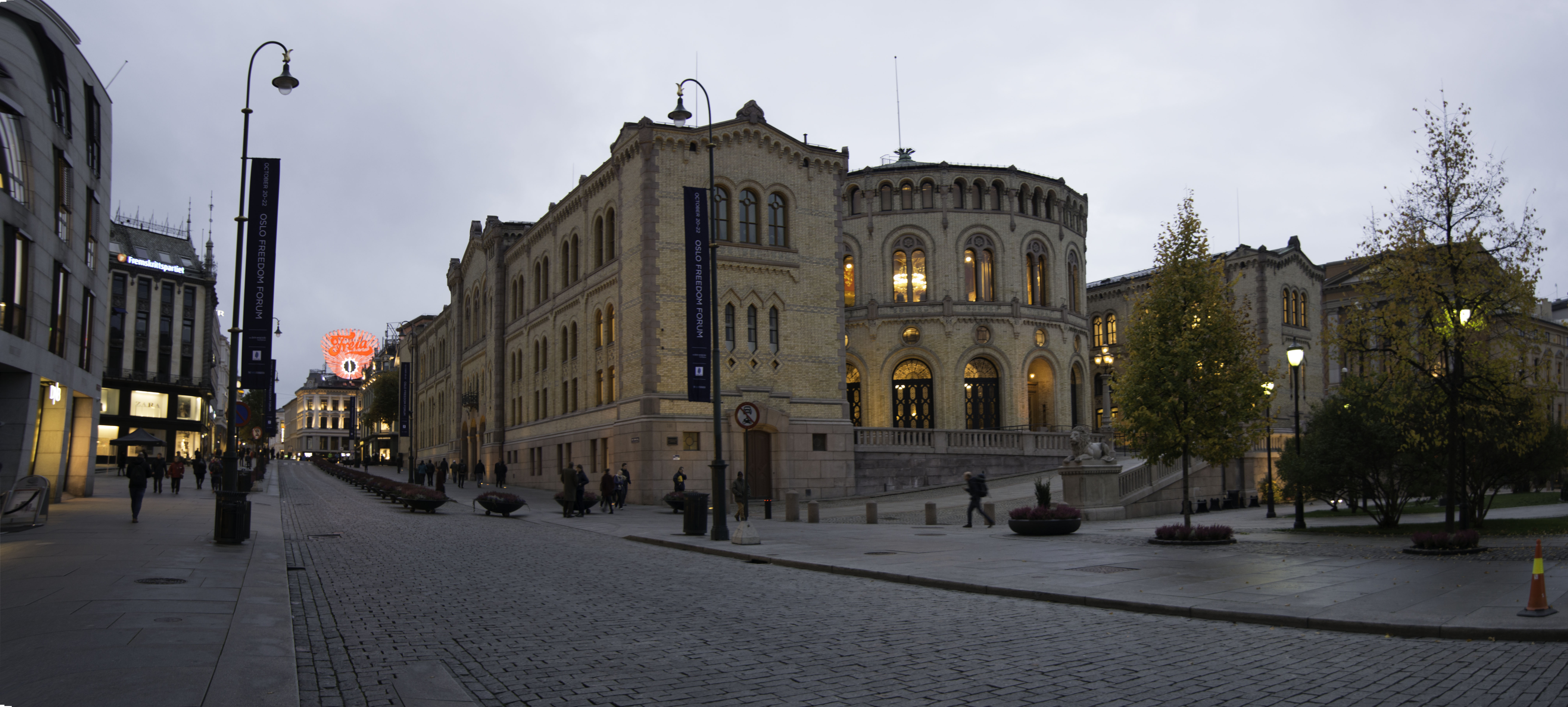 The Storting, Norway's parliament building in central Oslo, in the evening