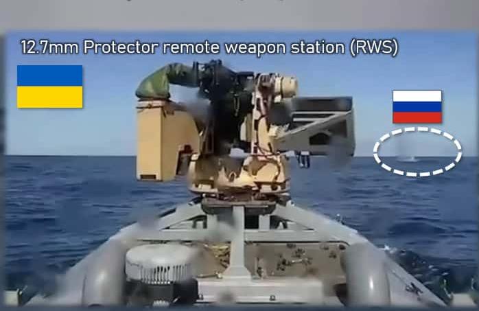 Close-up of the Protector remote weapons station mounted on Ukraine's Sargan-3000 naval drone