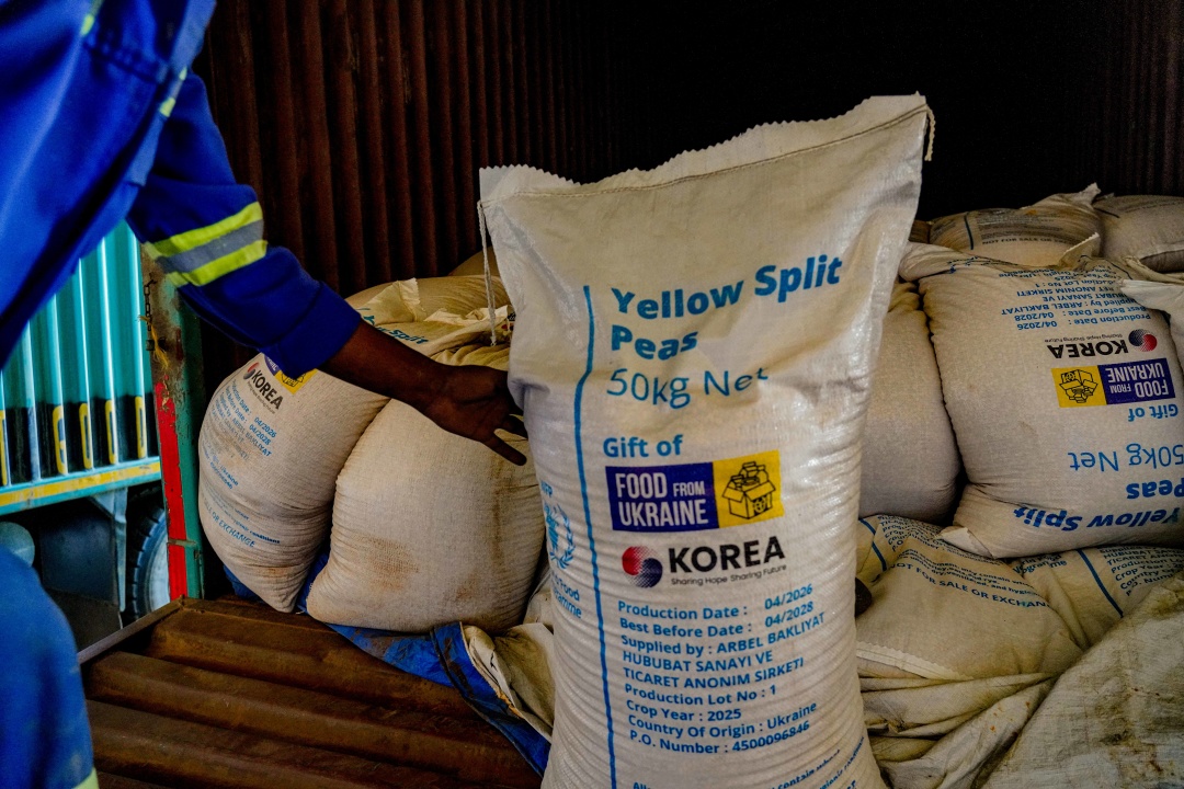 Workers at a warehouse in Malawi carrying sacks of peas from Food from Ukraine