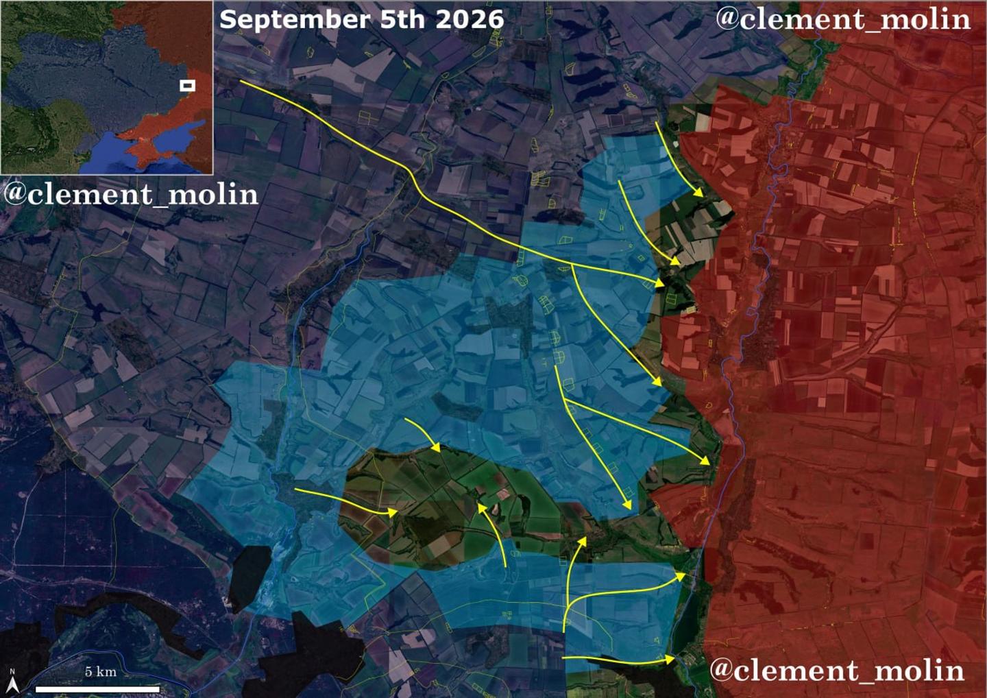 The same sector three weeks later, on 5 September 2026, showing further Ukrainian advances