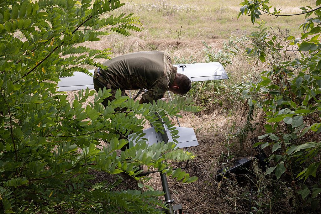 A Ukrainian reconnaissance-strike drone being prepared before a mission against a Russian artillery position, Donetsk Oblast