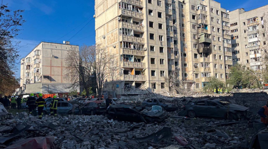 A multi-storey building wrecked in the attack on Kremenchuk