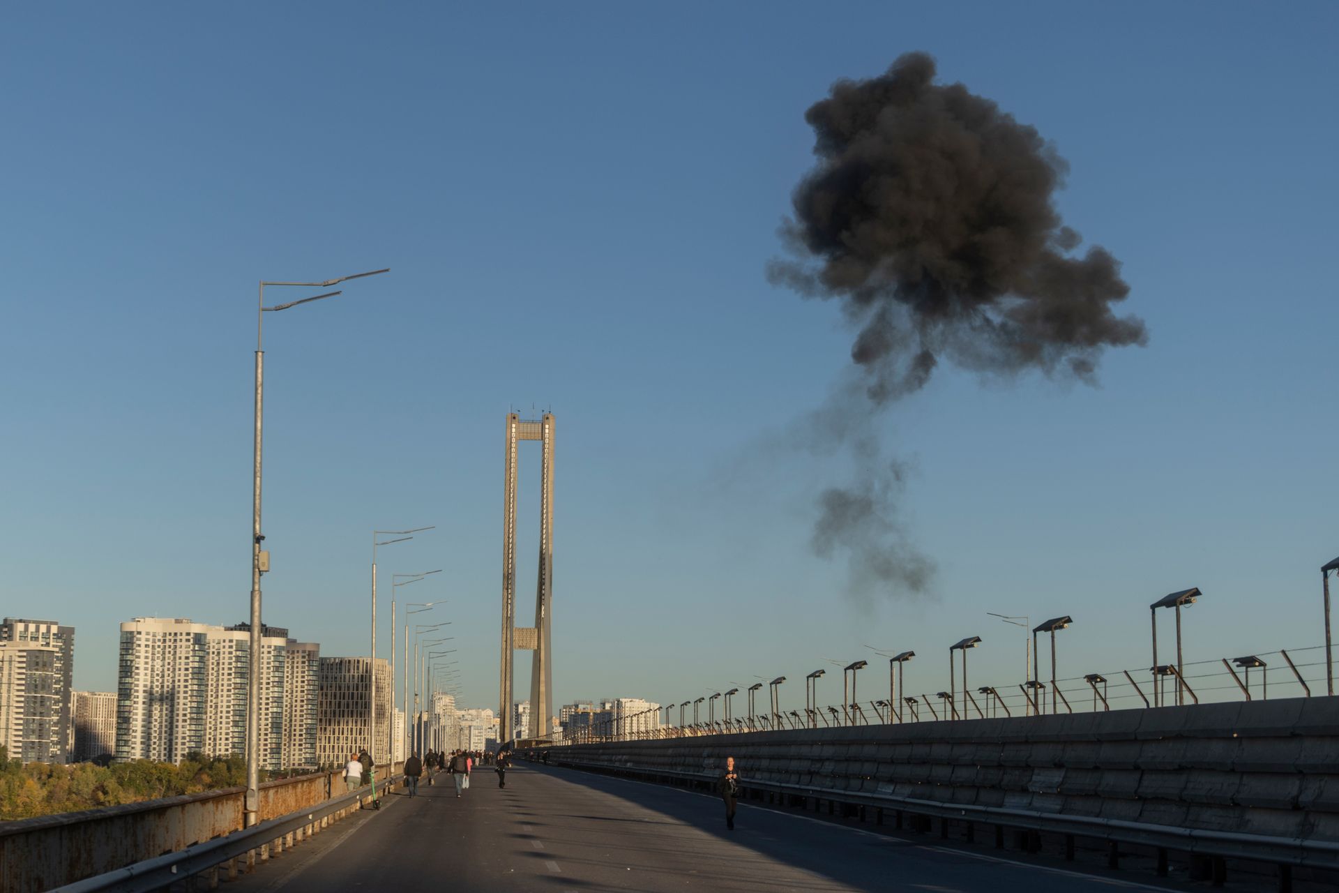 Smoke over the Southern Bridge in Kyiv during an attack, 2 October