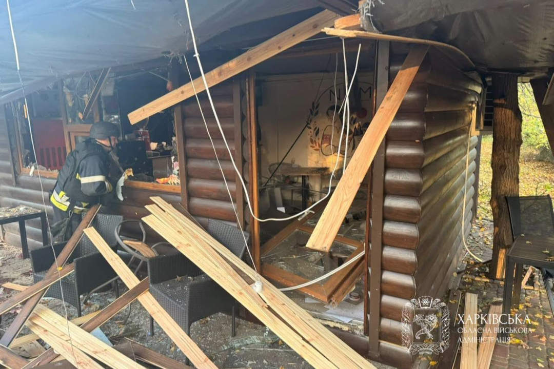Aftermath of the strike: a damaged wooden building in the park (photo: Kharkiv Regional Military Administration)