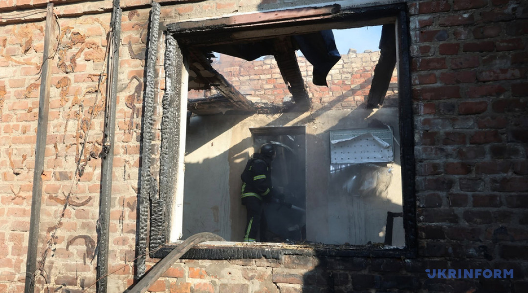 A burned-out interior of a building in Kharkiv after a russian attack