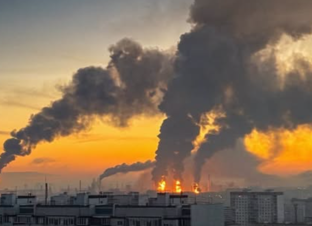 Oil refinery and storage tanks