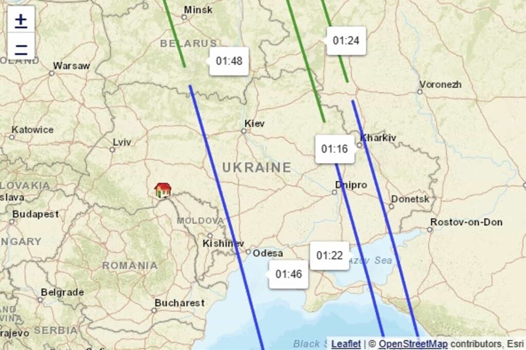 Tracking map of Rassvet satellite passes over Ukraine, 21 April 2026. Source: n2yo / Euromaidan Press