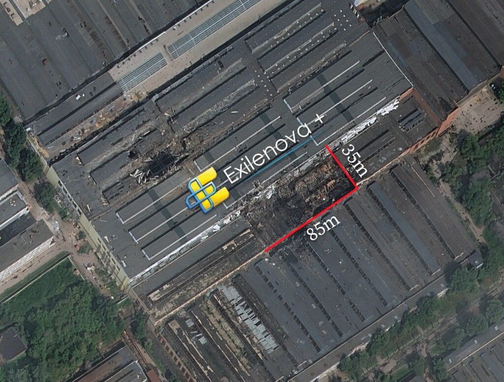 Illustrative photo: satellite image of strike damage at a Russian space-industry site, annotated by Euromaidan Press