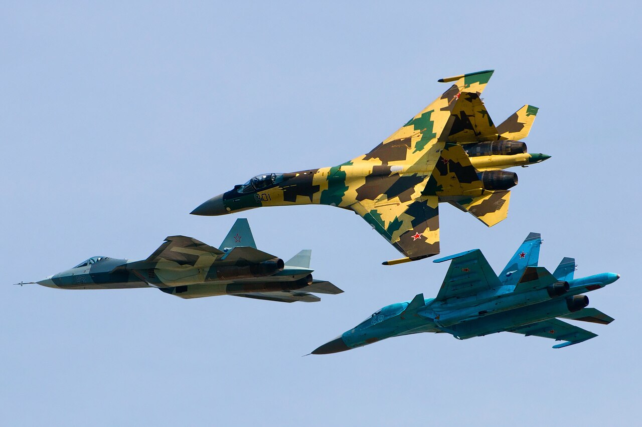 Russian Su-35S, Su-34 and T-50 in flight, archive illustrative photo