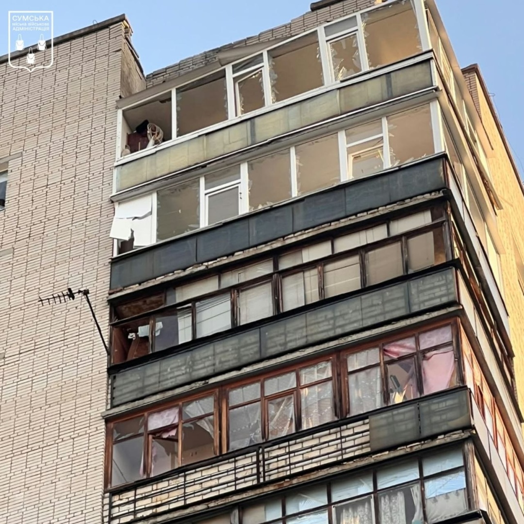 A damaged apartment block in Sumy after the overnight drone attack